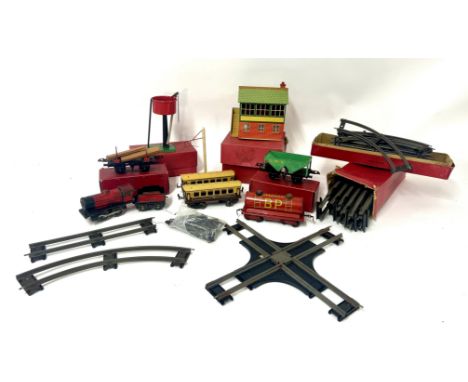 Hornby O Gauge, 1950's tinplate, a collection to include Signal Cabin, Hopper Wagon, Water Tank, Lumber Wagon, all boxed in v