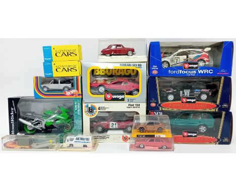 Burago, five 1.24 scale models, together with a Hot Wheels golf convertible, Majorette Air France Bus and 343 Dinghy Truck, P