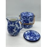 Blue and white porcelain jug, barrel jar and stand