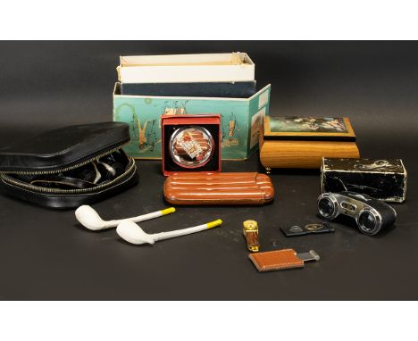 A Mixed Collection Of Vintage Accessories To include boxed Jenopten 8x30 M binoculars, sport glass 3 x 20 M viewing lens, cig