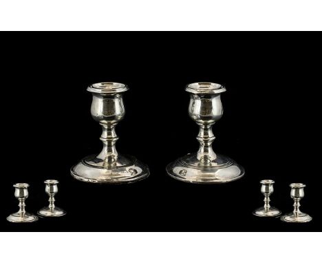 Edwardian Period Pair of Silver Squat Shaped Candlesticks of Excellent Proportions. Hallmark Birmingham 1909, Maker H.H &amp;