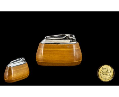 Ronson Art Deco Style Table Lighter, chrome top with a highly polished wood finish. 6 cms high.