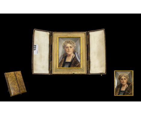 Early 20th Century Portrait Miniature On Vellum Signed B Shear Depicting a distinguished lady in evening dress and jet beads,