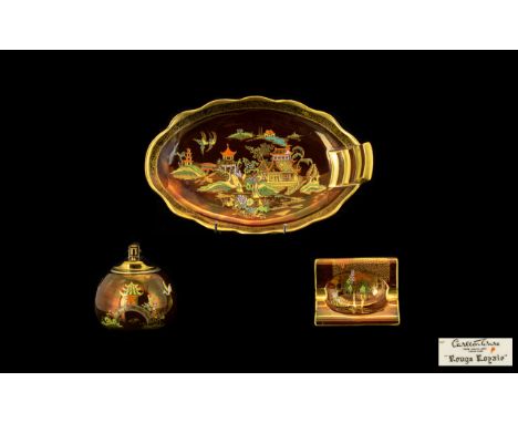 Carlton Ware Rouge Royale Mikado Pattern Twin Handle Oval Dish Hand painted with Chinoiserie design and pagoda's in polychrom