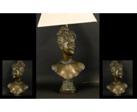 Art Nouveau Plaster of Paris Lamp Base.  Late 19th/Early 20th century Plaster of Paris figural lamp base.  Plaster bust in th