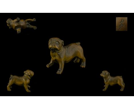 Japanese Early 20thC Carved Boxwood Netsuke Of A Bulldog In A Standing Position. Signed To Underside Of Figure,  All Aspects 