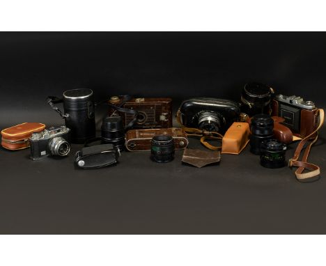 Collection of Cameras &amp; Lenses including vintage 'Harkette' camera by Kodak, Canon 'Coronet' Cameral No. 910903, Boxed 'A