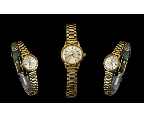 Ladies Omega Automatic Gold Plated Wrist Watch From The 1980's, Mother of Pearl Dial, Date-Display, Seconds Sweep. All Aspect