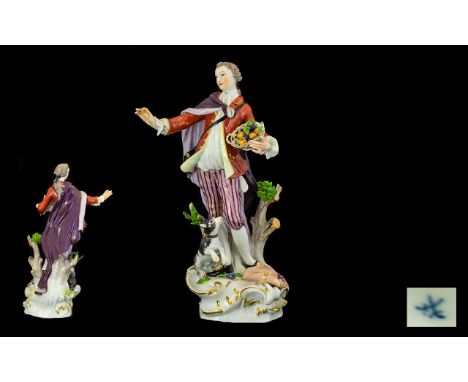Meissen Late 19th - Earlier 20th Century Hand Painted Porcelain Figure, The Figure Dressed In 18th Century Costume Wearing A 