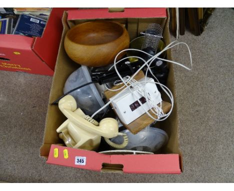 Box of vintage collectables, including telephone, treen etc