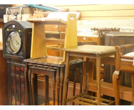 Nest of three walnut effect glass topped coffee tables, square topped occasional table and an Arts & Crafts style light wood 