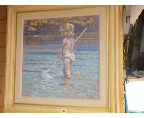 L DINGLEY oil on board - child playing in the sea