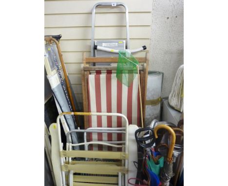 Parcel of Texas metal stepladder, ironing board, vintage deck chairs, pedal bin and contents and a rug