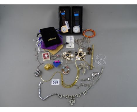 Quantity of vintage costume jewellery, modern watches by Tomi and a quantity of pull cord jewellery bags