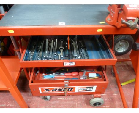 Three shelf work trolley with small No. 1 vice along with assorted tools, ring spanners, screwdrivers etc