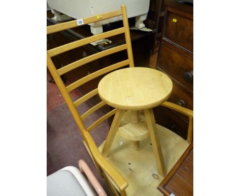 Ladderback light wood rocking chair and a rise and fall light wood stool
