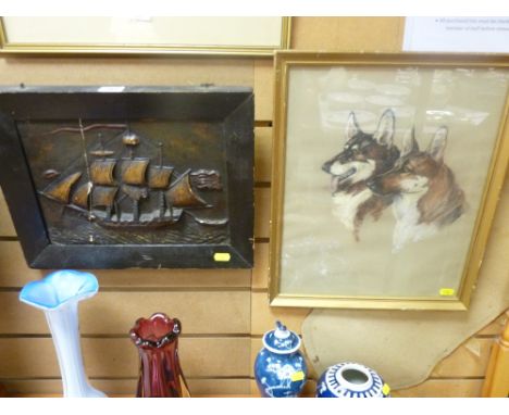 Threemaster relief panel and a mixed media painting of Alsatians
