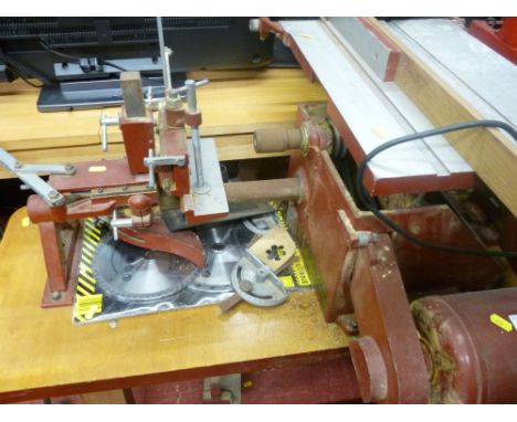 Consort Universal woodworker/bench saw/woodwork lathe by Coronay Tool Company, Derby on a pine bench base E/T
