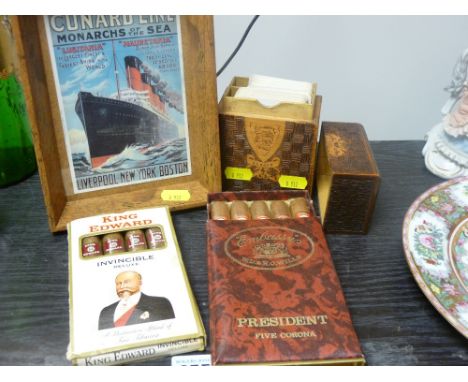 Parcel of vintage cigars, playing cards and a framed vintage Cunard postcard
