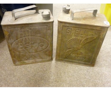 Two vintage petrol cans, one for Esso and one for Shell (label 'Aviation Spirit'