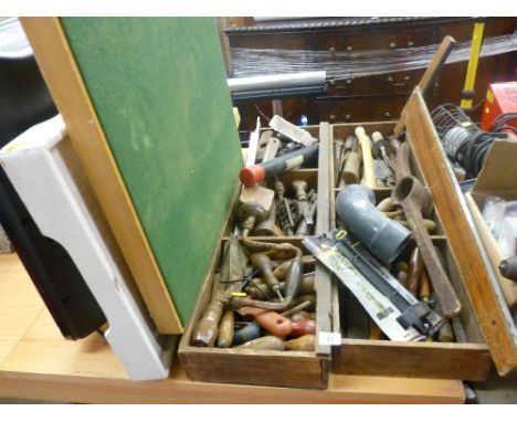Painted butler's tray, folding card table and two wooden boxes with garage tools and accessories