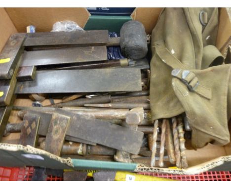 Box of old carpenter's set squares, other garage tools etc