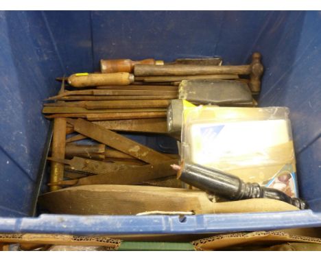Plastic crate containing quantity of old files and similar vintage tools
