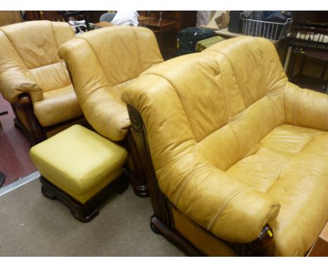 Leather effect and timber fine lounge suite comprising compact sofa, two chairs and a footstool