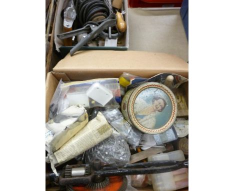 Two boxes of mainly garage tools and accessories