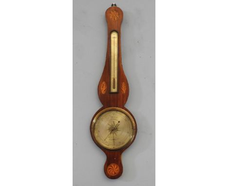 A George lll inlaid mahogany wheel barometer, the silvered dial inscribed J M Ronketti, Holborn