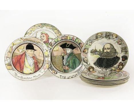 A collection of nine Royal Doulton plates including the Jester and the Falconer, together with a silver cigarette box and a s