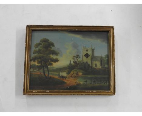 A 19th Century mechanical clock oil on canvas, depicting a church with bell tower with a black enamelled lock, in a country s