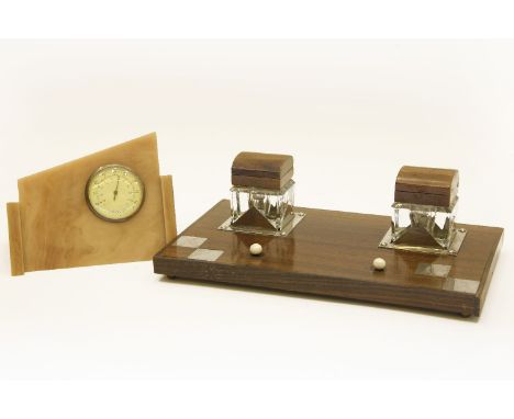 An Art Deco two bottle inkstand, and a thermometer