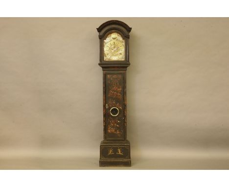 A lacquered long case clock, late 18th century, the brass arched dial with 11½in dial, with eight day movement, inscribed Jos