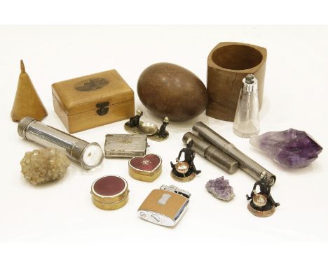 A box of various items of Mauchline ware, semi-precious stones, enamel wares, and a wooden egg, etc