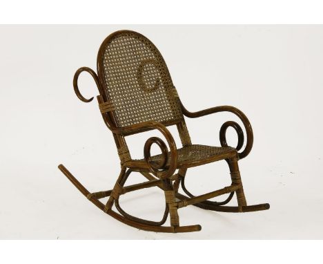 A Bentwood child's rocking chair, a copper coal scuttle, and an oak cased mantel clock