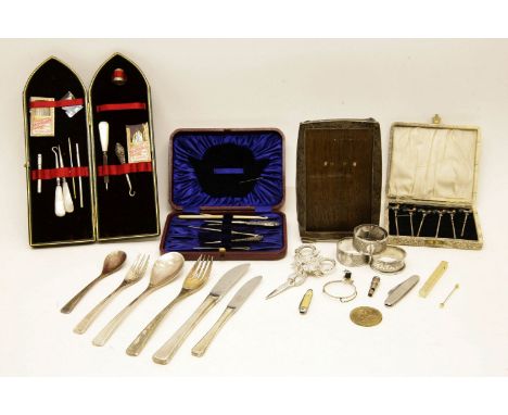 A part set of silver plated WMF flatwear, six sterling silver cocktail sticks with enamel cockerel finials, cased, a silver p