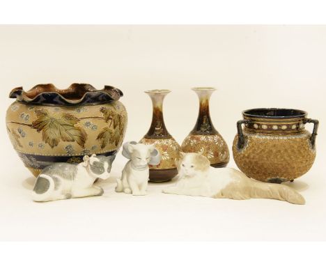 A Royal Doulton Jardinière, together with a Royal Doulton cauldron and a pair of Royal Doulton chine vases, and three Nao cat