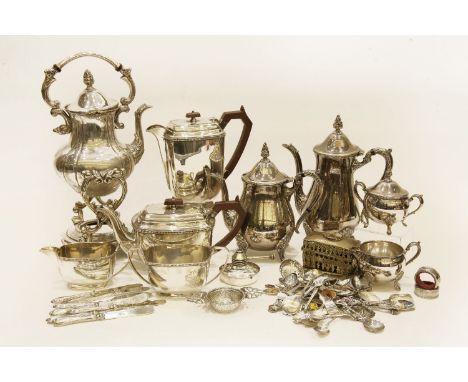 A collection of silver plated items, to include a spirit kettle, an Art Deco tea service, a pierced brass inkwell, and a coll