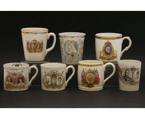Seven Coronation cups, including Victoria 1897 Diamond Jubilee enamel beaker