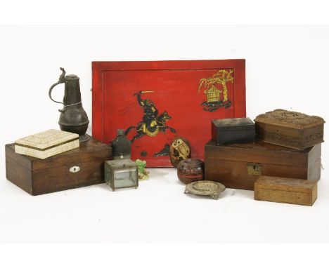 A 19th century papier maché snuff box, together with a bone inlaid cigarette box, further boxes, etc.