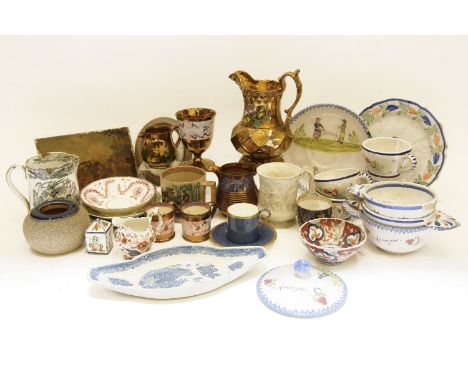 A 19th century painting on glass, battle scene, a miniature portrait colour print, a collection of Sunderland and copper lust