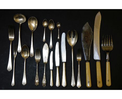 A part canteen of silver cutlery, to include nine dinner knives and forks, twelve cake knives and forks, salad servers, gravy