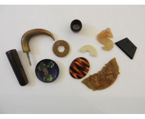A collection of Asian items, including jade pieces, horn handle, cloisonne dish, etc.