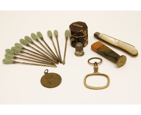 A collection of Chinese white metal cocktail sticks, with jade finials, an early 20th century tortoiseshell thimble case, a s