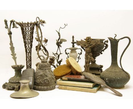 A quantity of metal wares, to include walking stick tops, inkwell, silver vanity mirror and other curiosities, together with 