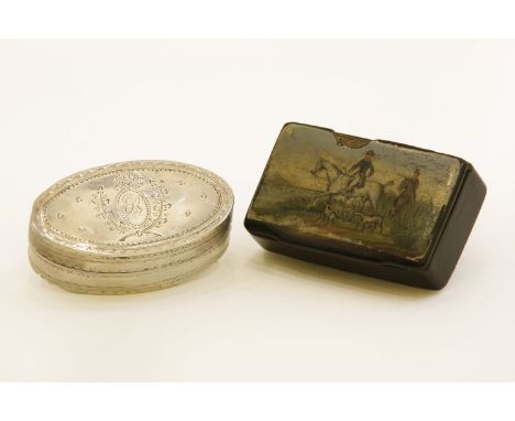 A French oval silver patch box, engraved with a cartouche and monogram, a florin snuff box, painted with a hunting scene, and