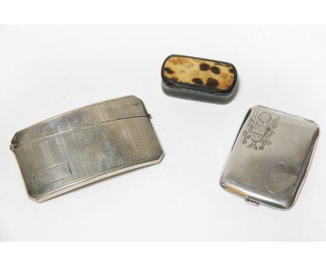 Two silver card cases, one engraved with the United States crest, and a horn snuff box