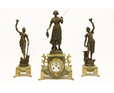 A figural clock garniture, the spelter figures on green onyx bases