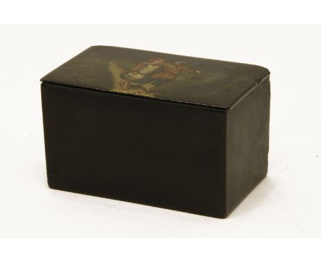 A late 19th century Russian lacquer tea caddy, the lid painted with farmer and wife along a path, with foil lined interior ha